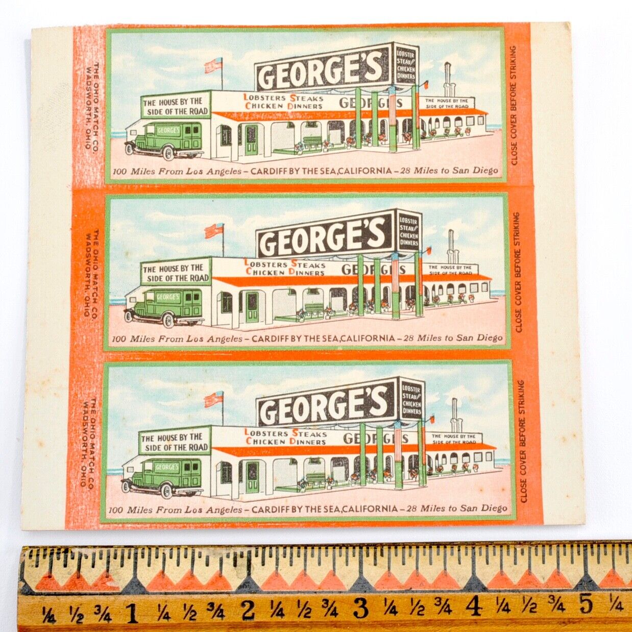 Vintage 1930's Matchbook Cardiff by the Sea, CA George's Restaurant Gas Station