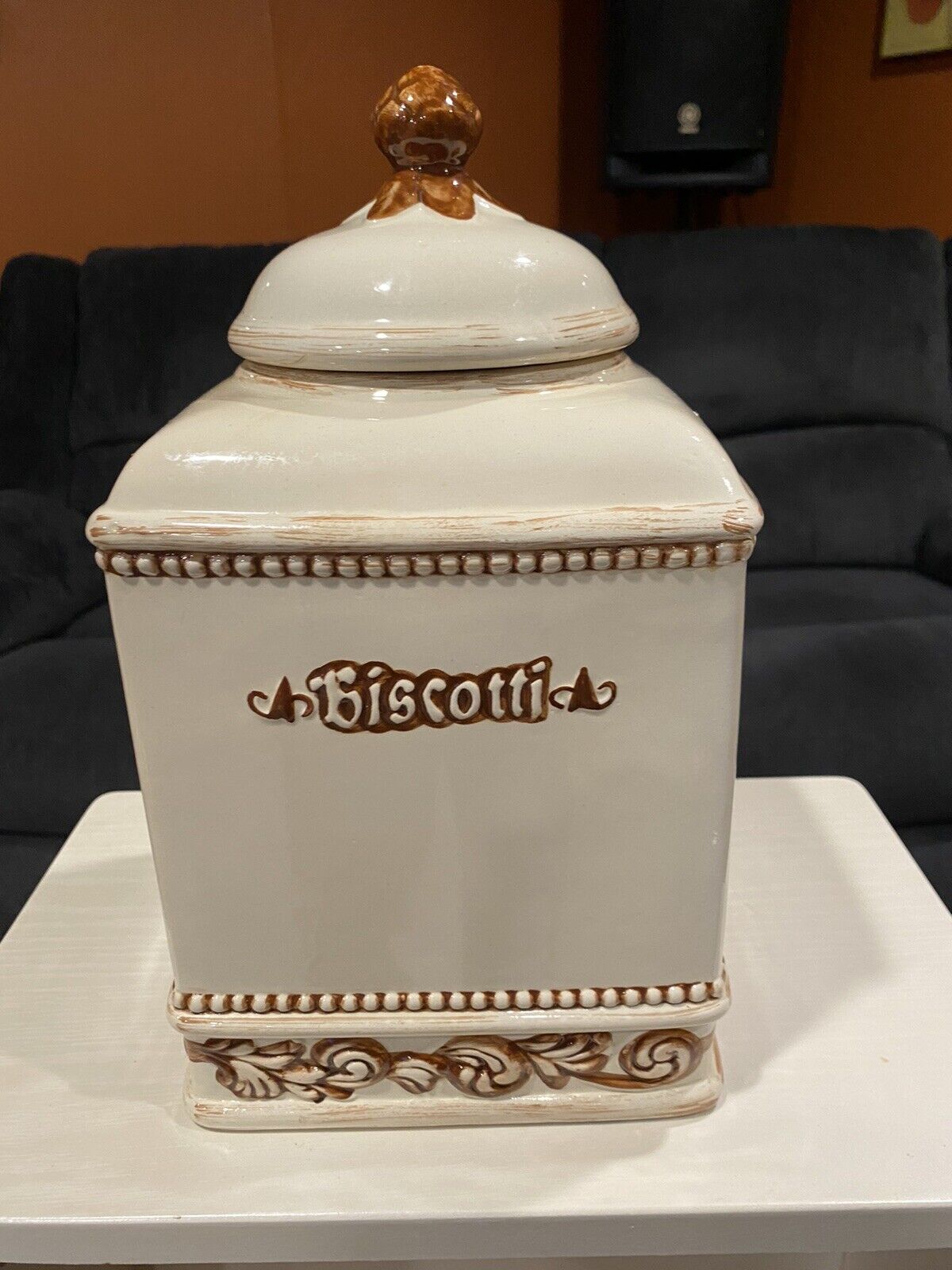 Nonni's Ceramic Biscotti Canister Handmade Beige Cookie Jar