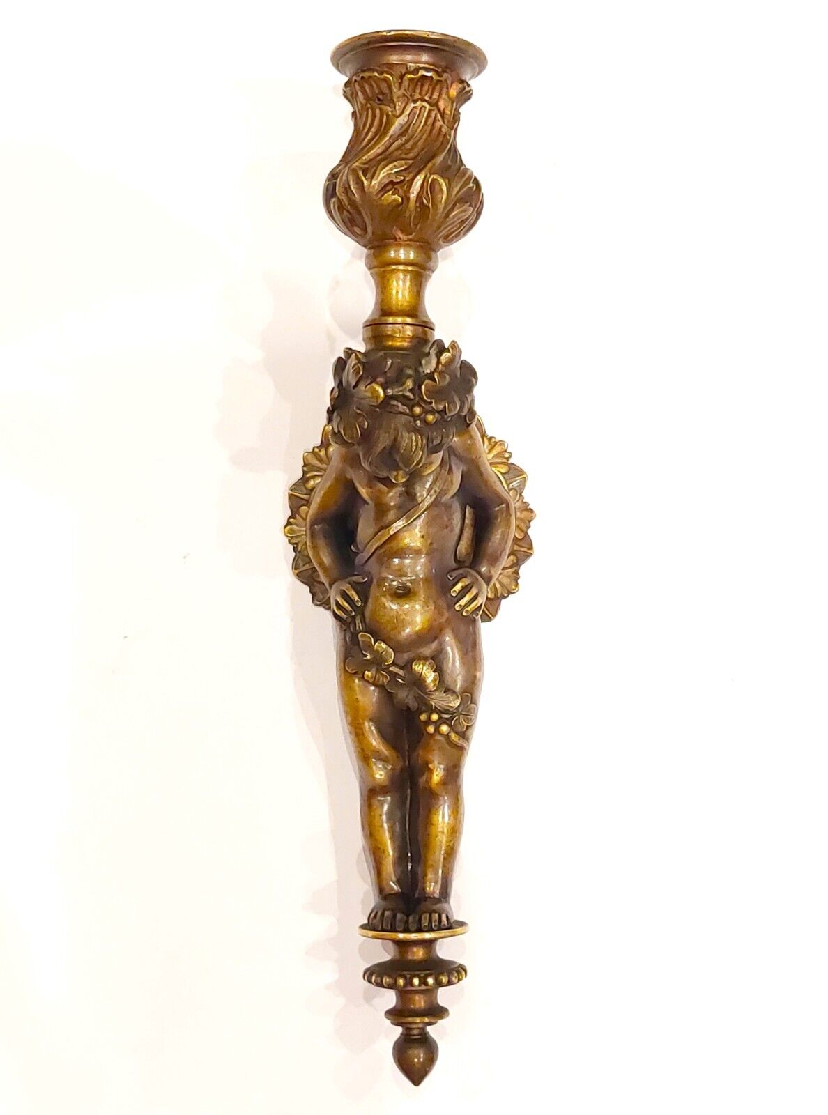 ANTIQUE SUPERB HENRY DASSON STYLE CHILD FAUNO BACCHUS FIGURAL CANDLE LAMP SCONCE
