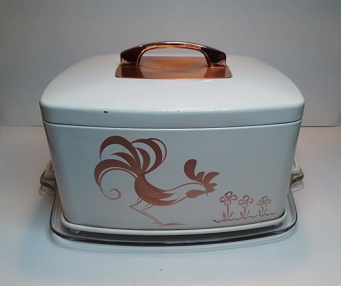 Mid-century Cake Or Dessert Carrier Copper Metal & Glass Rooster Design