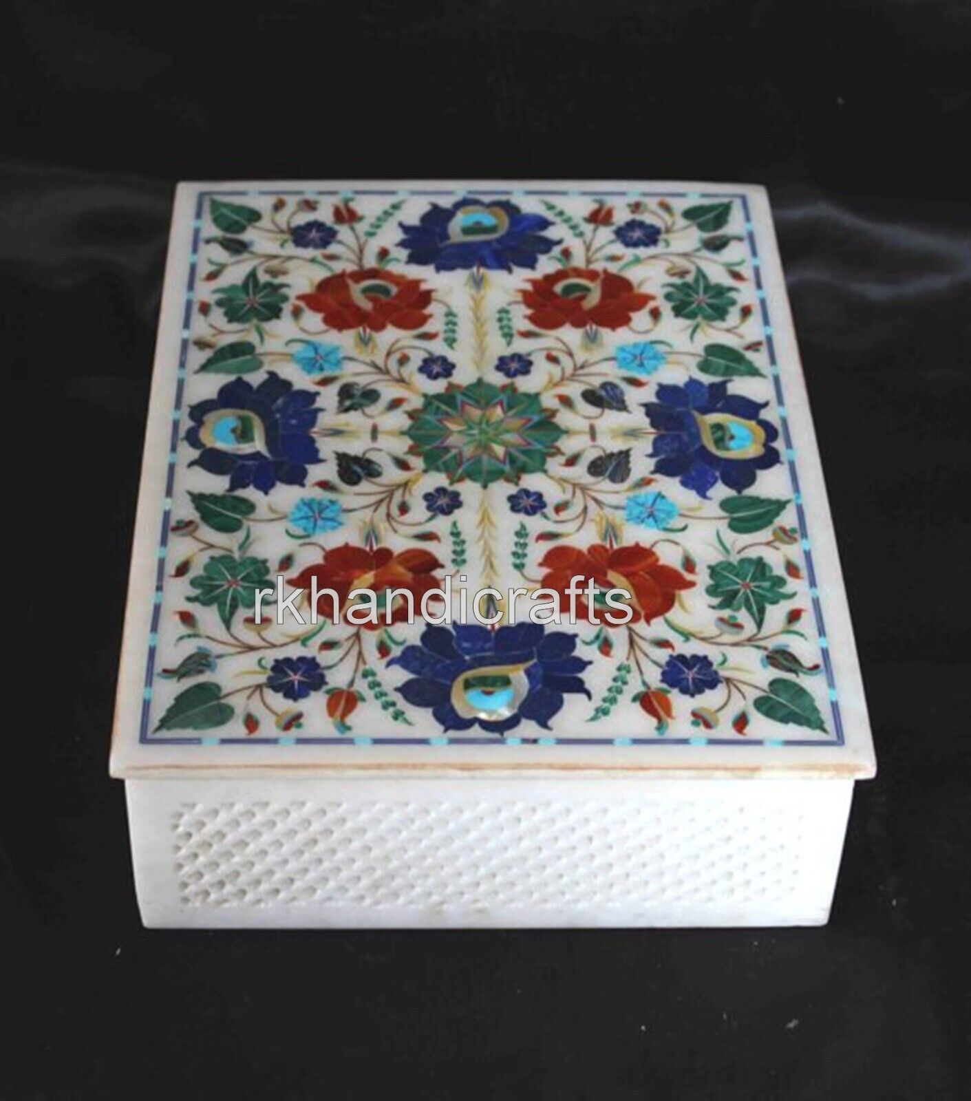 12 x 9 Inches Multicolor Stone Inlay Work Necklace Box White Marble Jewelry Box