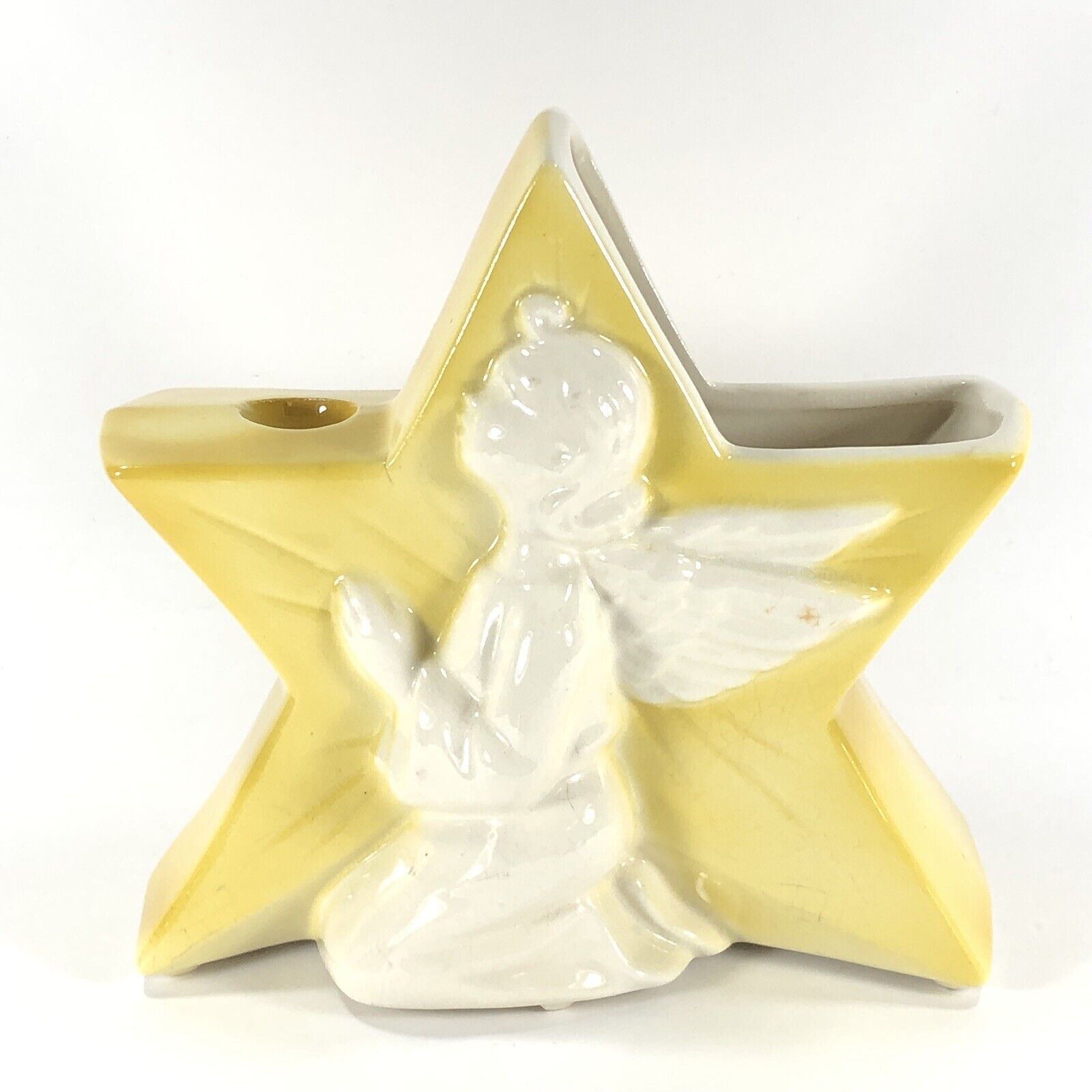 VTG Royal Copley Spaulding Angel on Star combo Vase and Candleholder Yellow