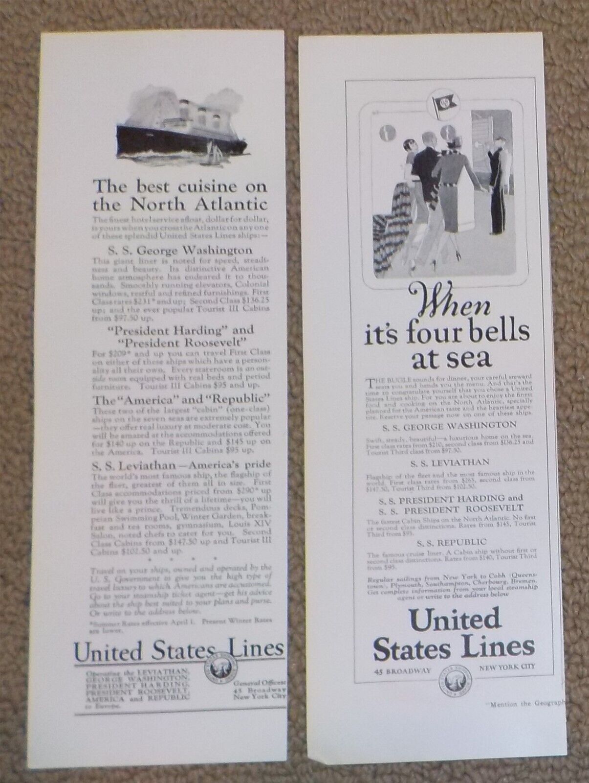 Lot of 2- 1920s/30s UNITED STATES LINES Print Ads SS Republic, SS America B1N