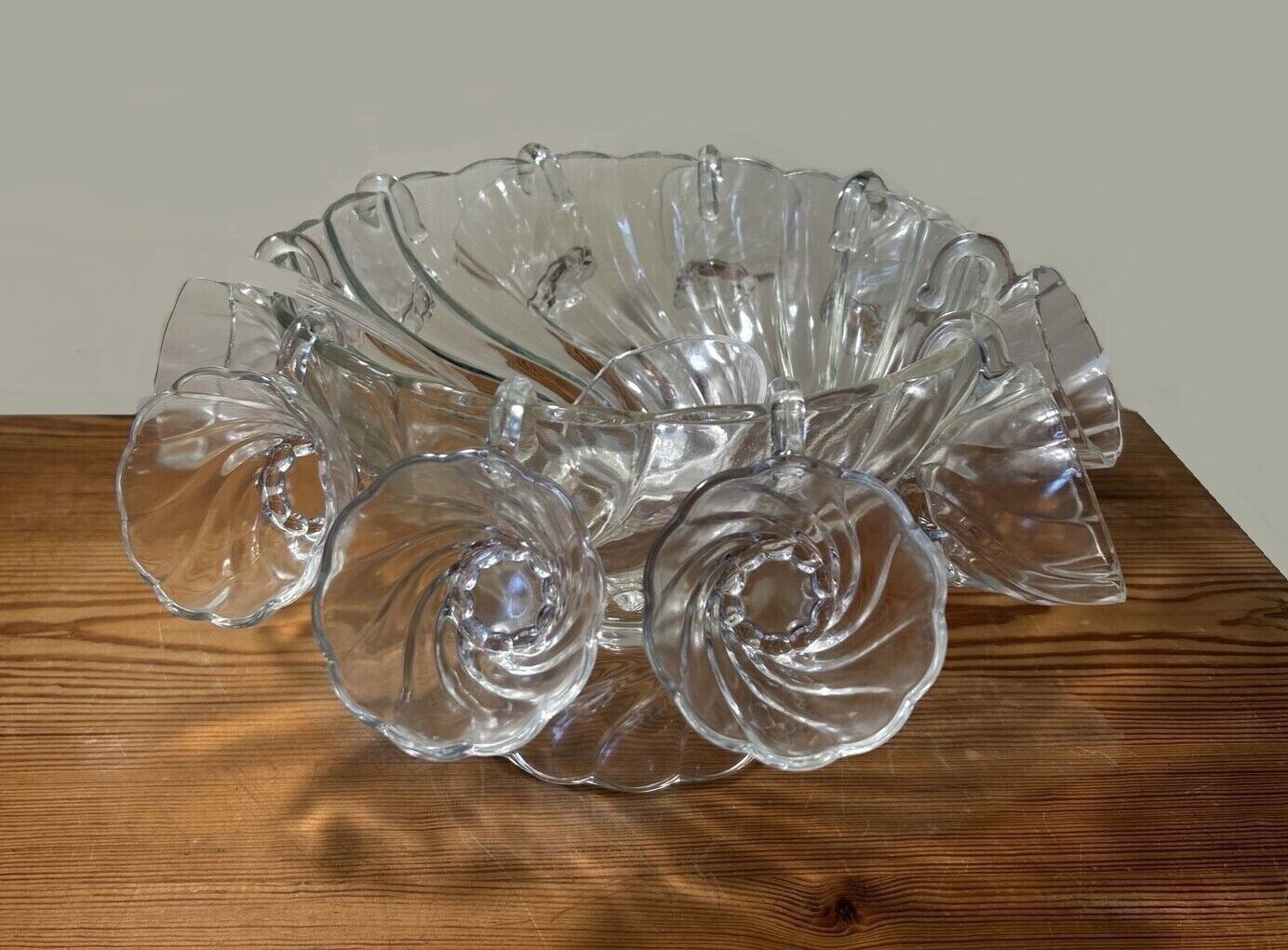 Vintage Hazel Atlas 14 Piece Swirl Punch Bowl with 12 Cups and Bowl Base