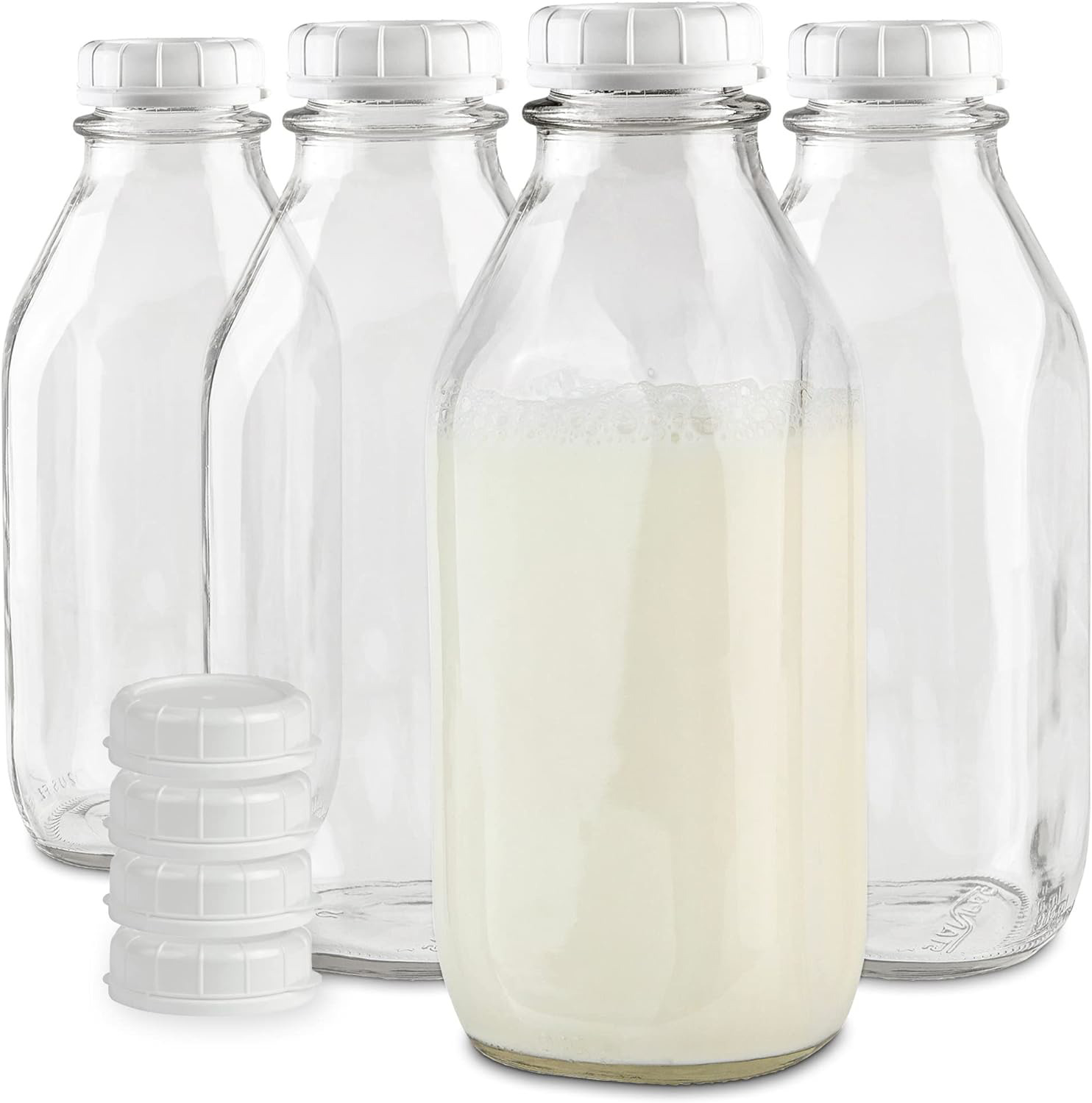Stock Your Home Liter Glass Milk Bottle with Lid 4 Pack 32 Oz Jugs and 8 White