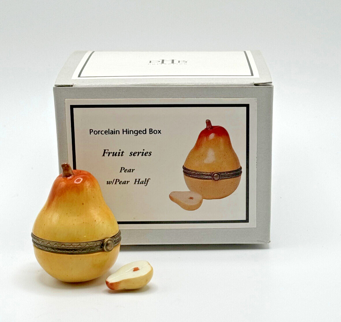PHB Porcelain Hinged Box Pear With Pear Half Trinket Fruit Series 34563 ~ New