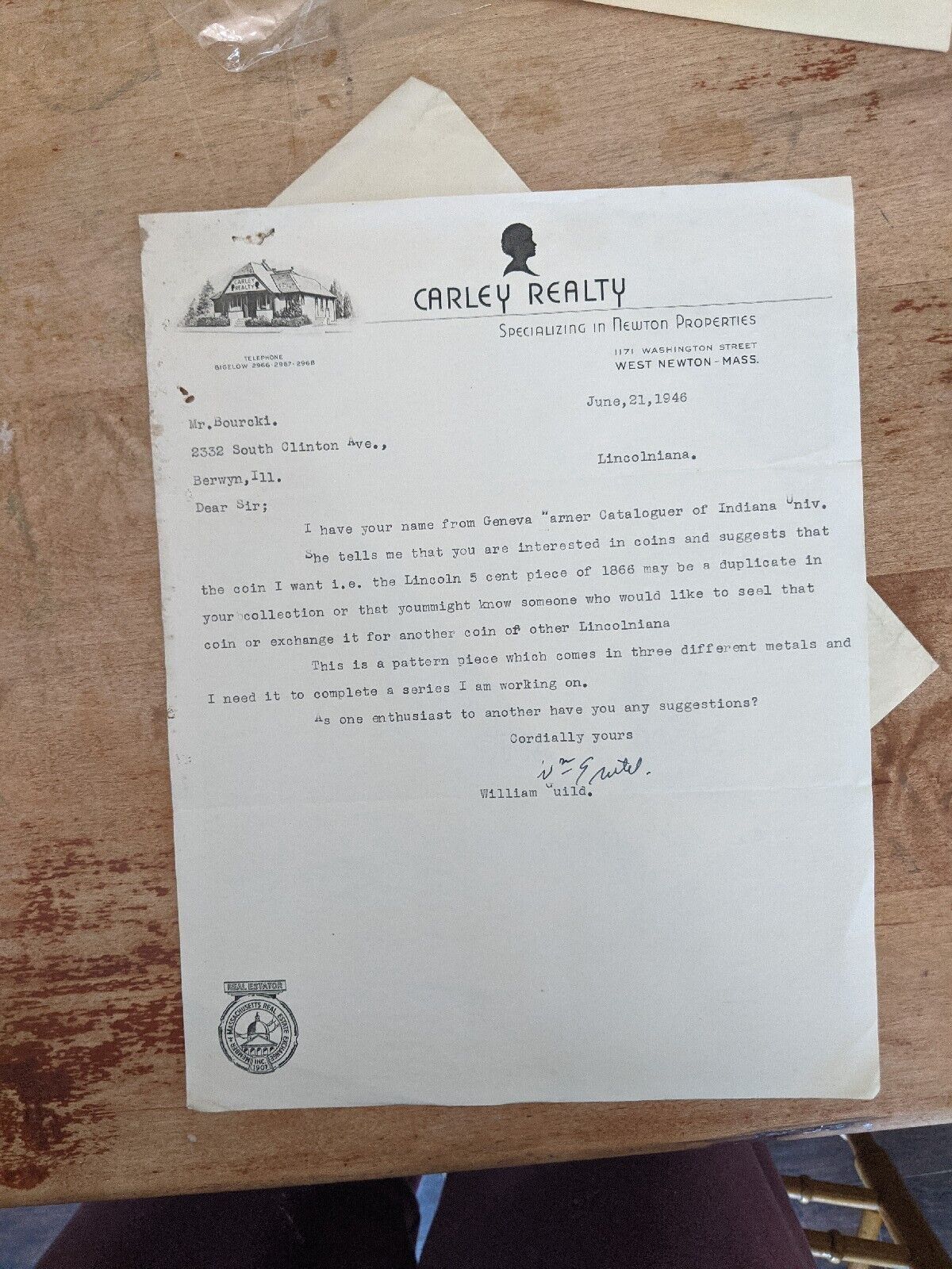 1946 Carley Realty Newton Massachusetts Letterhead And Cover. 