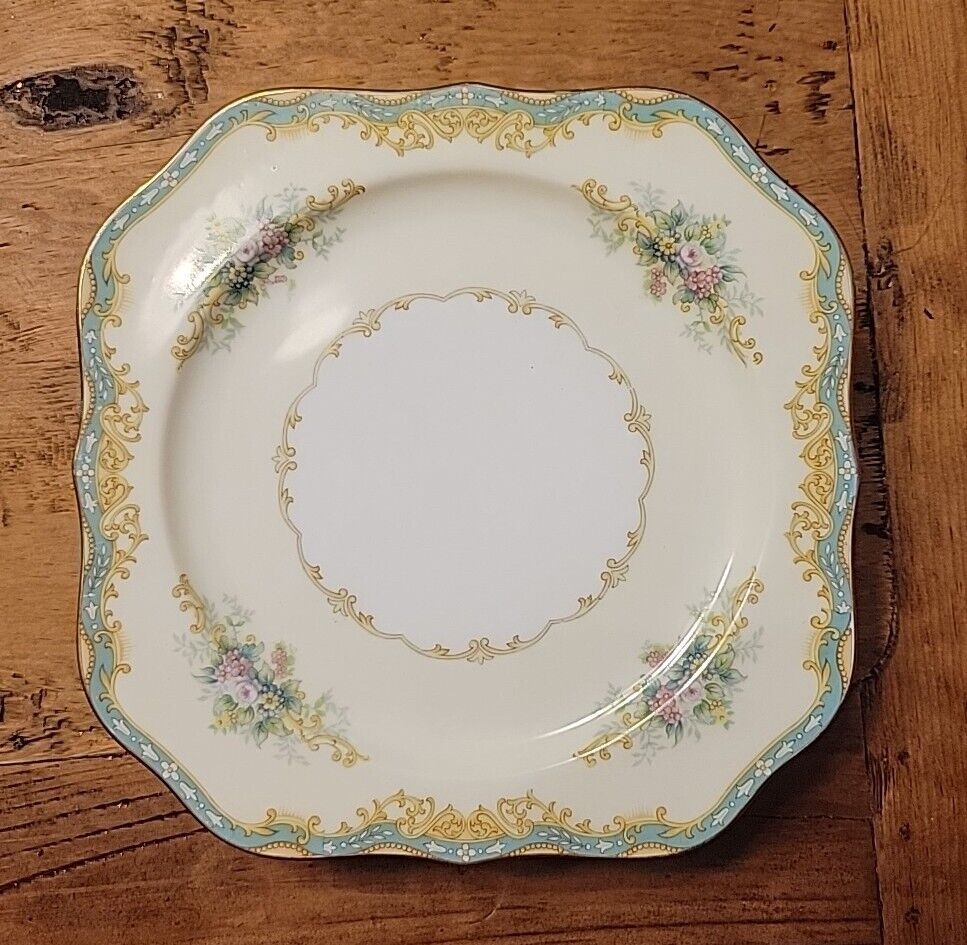 Vintage Noritake China Brian 4 Salad Plates Turquoise Florals Gold Trim Holiday