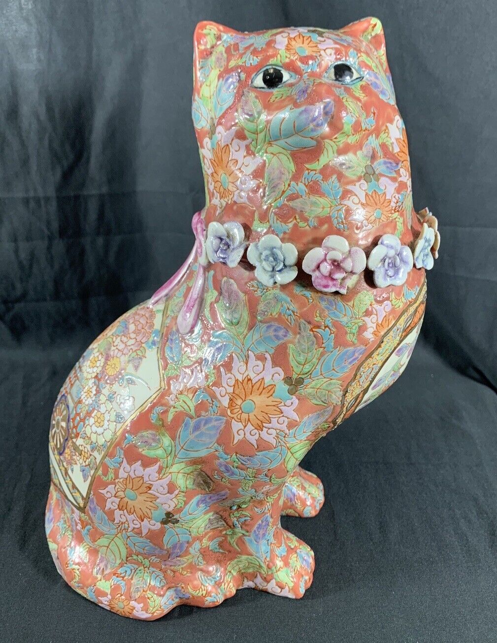 ✨Vintage Chinese Asian Oriental Hand Painted Cat Figurine Floral Ceramic 11.5”✨