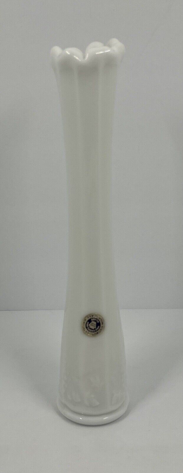 Vintage Westmoreland Milk Glass Swung Vase Raffled Rim Grapevine 9.75” Sticker