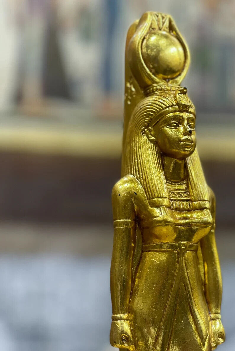 Ancient Egyptian goddess Isis statue, Goddess Isis with Goddess Hathor Sundisk