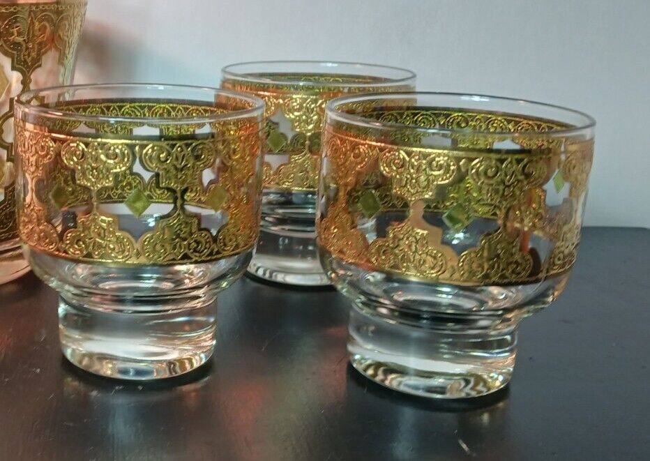 3 Vintage Culver Valencia 22K Cocktail Bar Glasses Gold Green Diamond Pattern