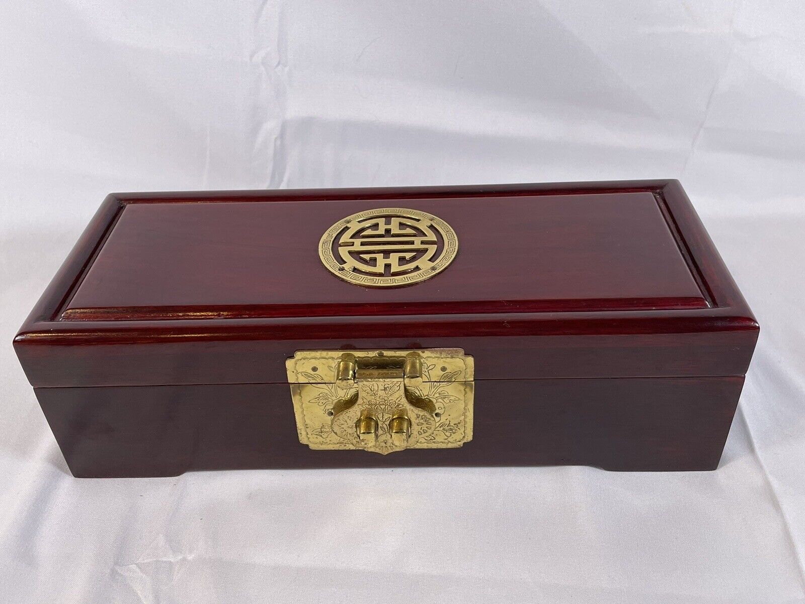 Asian Design Wood and Brass Small 10” x 4” Jewelry Box
