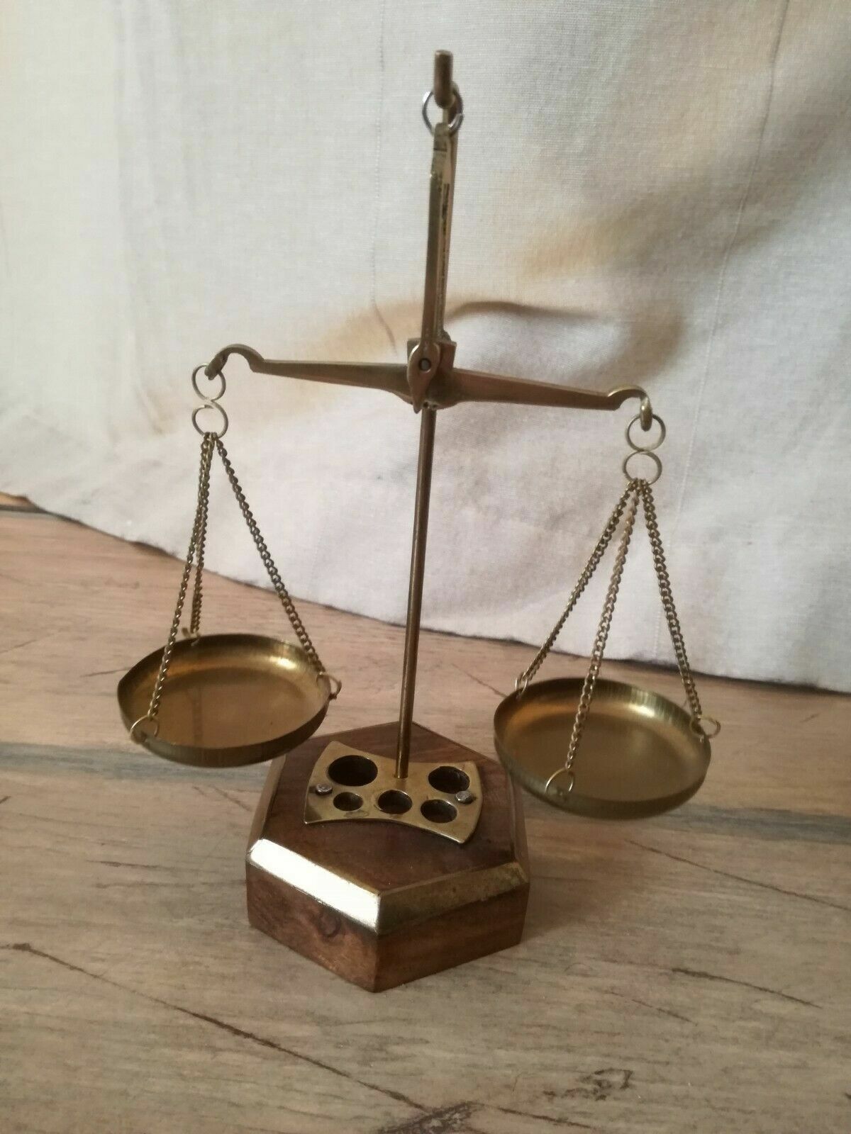 Solid Brass And Wood Small Weighing Scale With Some Weights Greats Collectible 