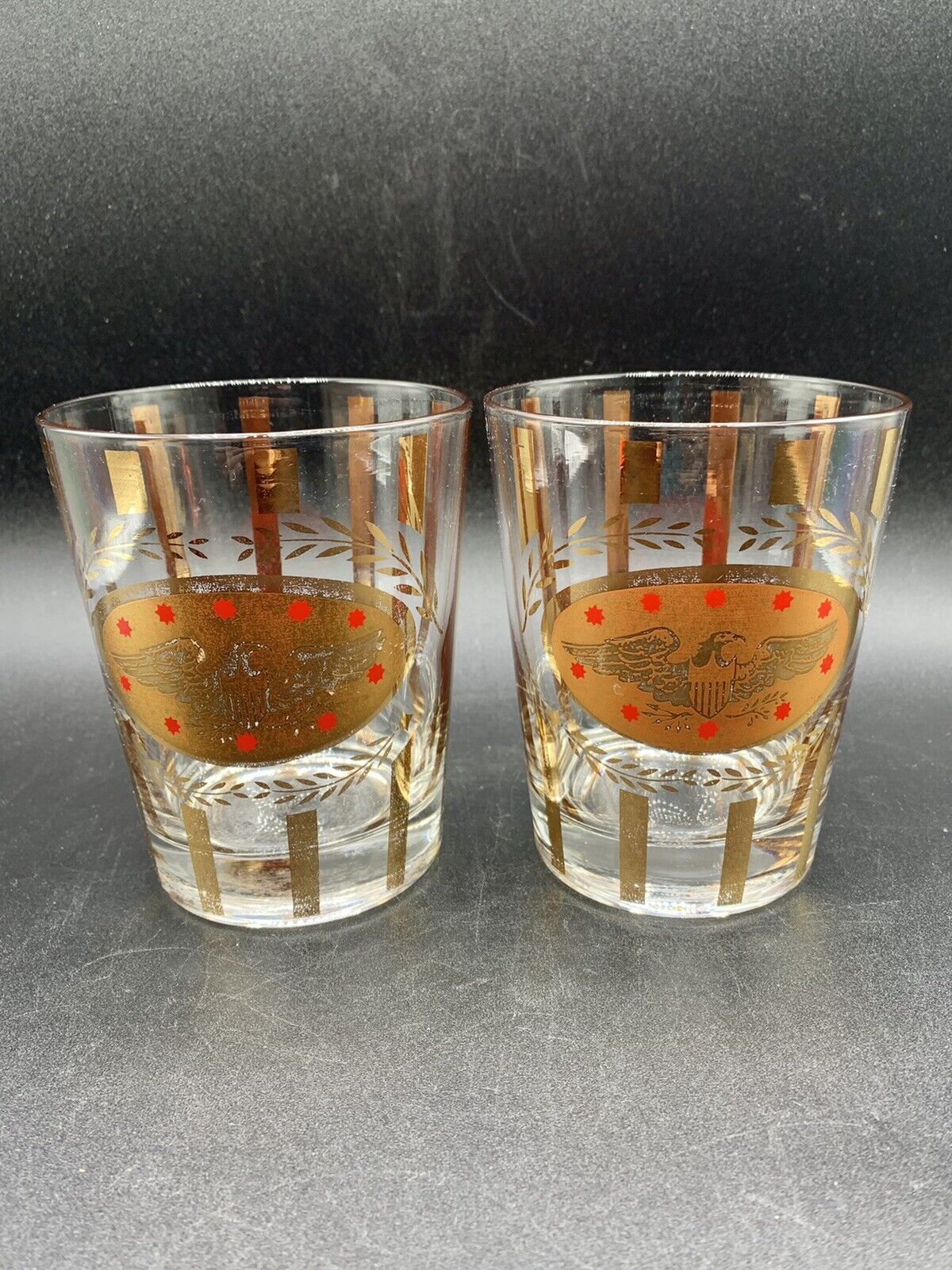 Vintage Lowball Glasses Pair With Eagle, Red Stars Gold Stripes Barware