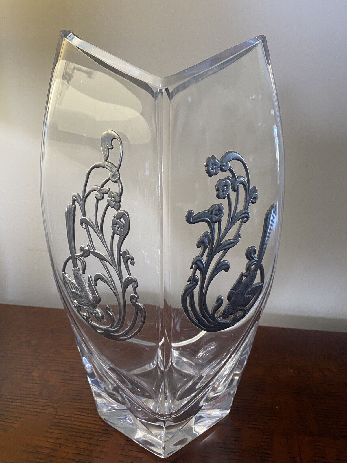 Les Etains Potstainiers Belgian Vase Pewter Crystal 12” Birds Art Nouveau