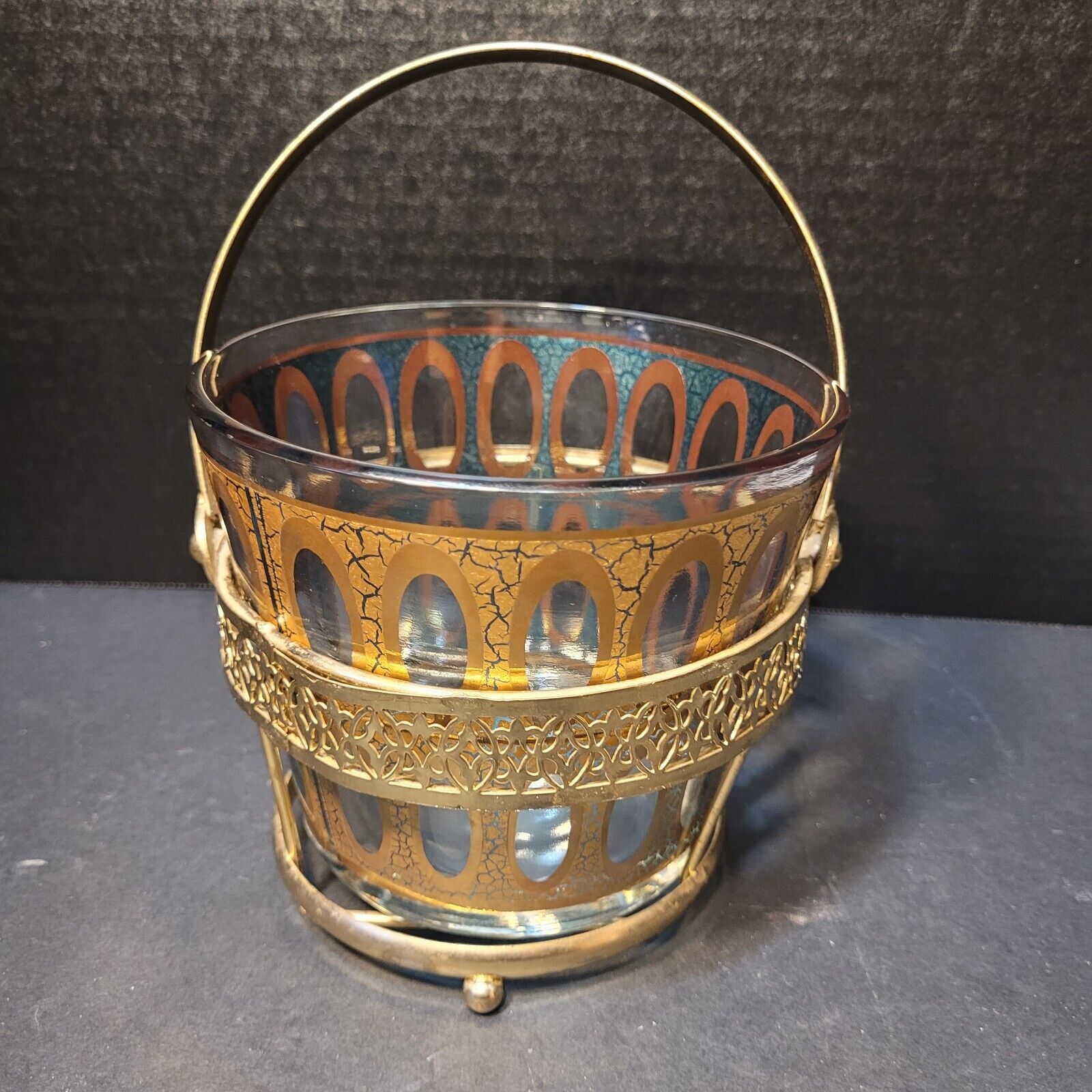 Vintage MCM Culver Pisa 22k Gold/Turquoise Small Ice Bucket With Caddy