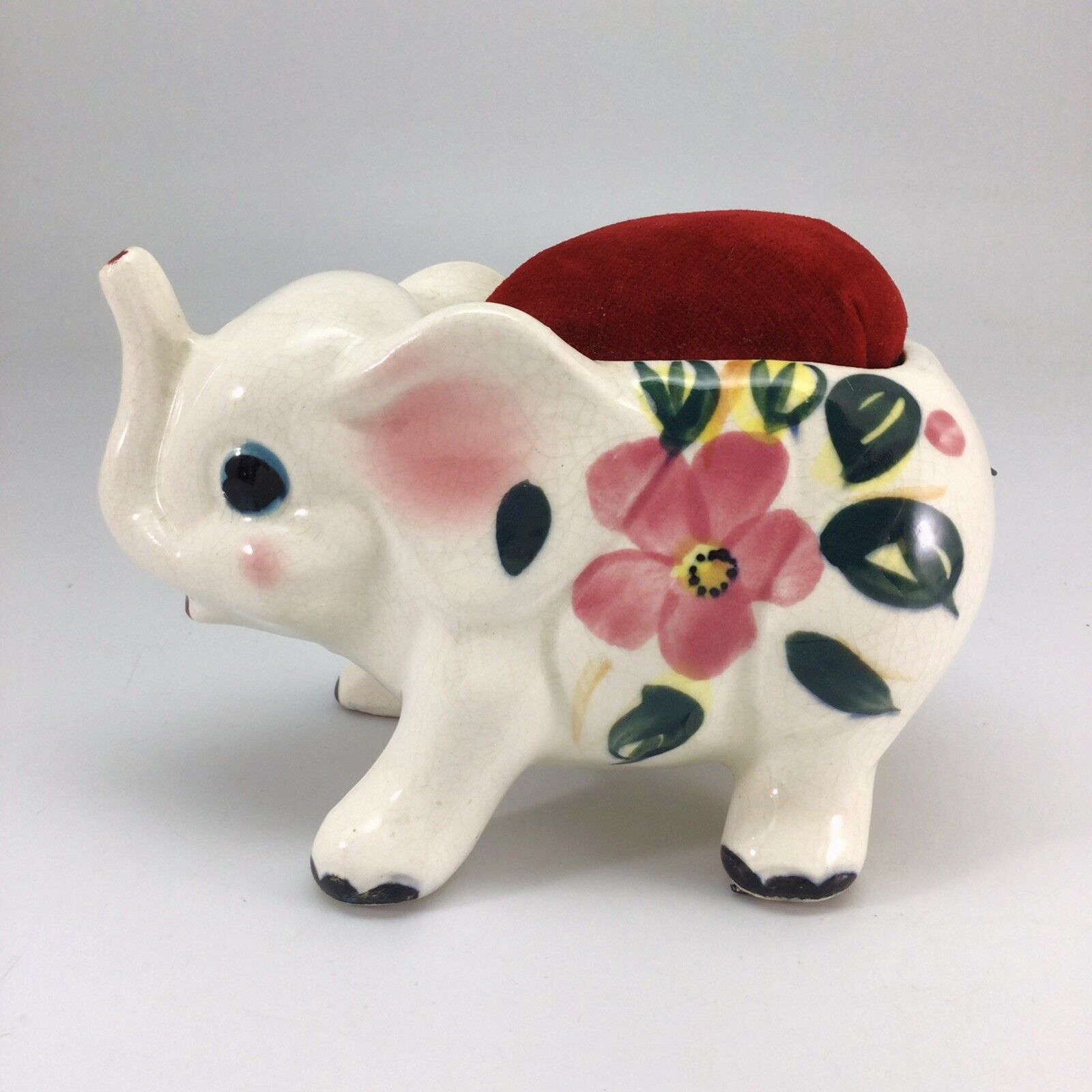 Vintage Elephant Pincushion Measuring Tape Floral Ceramic