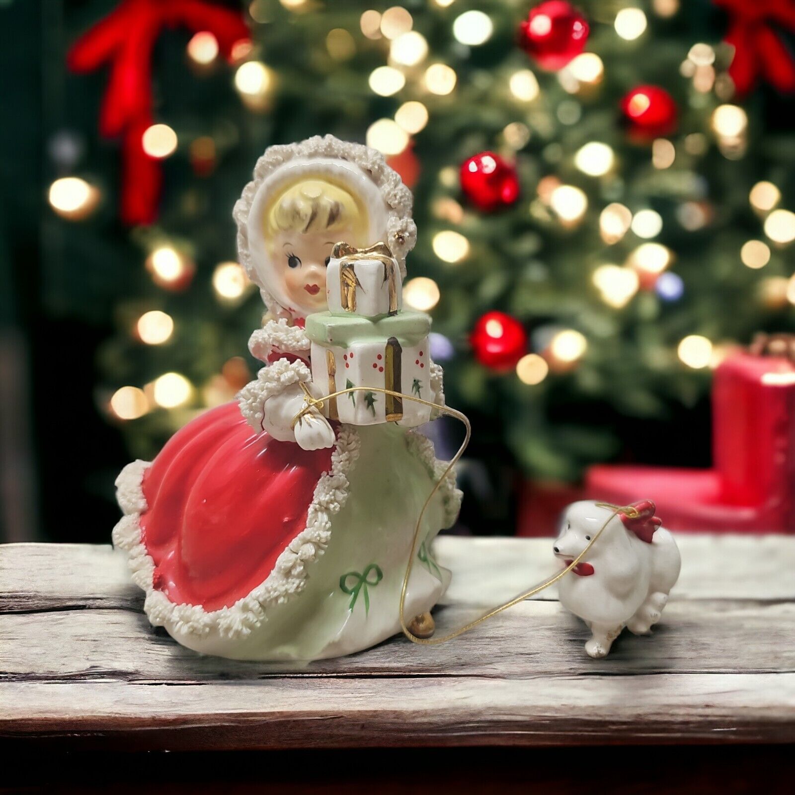 NAPCO Christmas Lady & Poodle Dog Ceramic Planter Red Dress AX2749B Japan READ