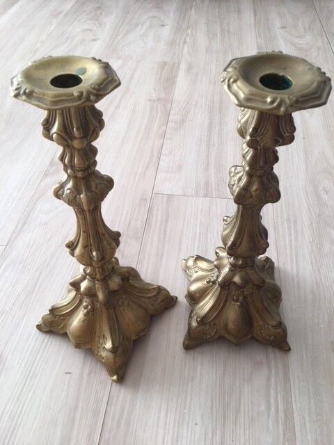 Antique artisan pair of Polish Brass candlestick holders Shabbat 12\