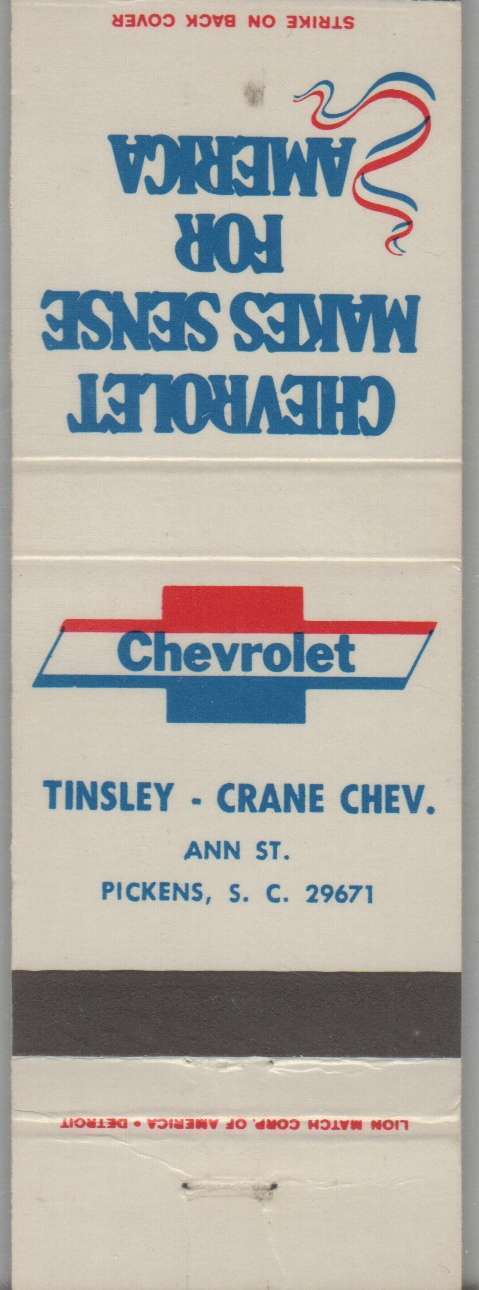 Matchbook Cover - Chevrolet Dealer - Tinsley Crane Chevrolet Pickens, SC