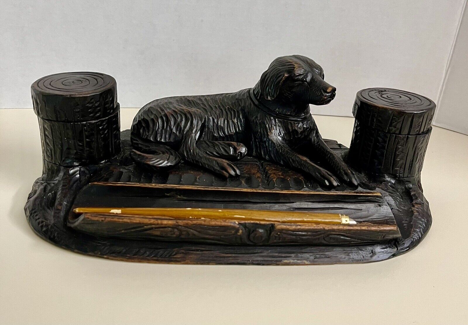 Antique Black Forest Hunting Dog Inkwell