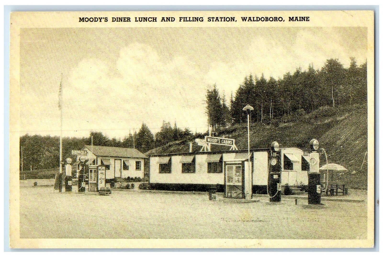 c1940's Moody's Diner Lunch Restaurant Filling Station Waldoboro Maine Postcard