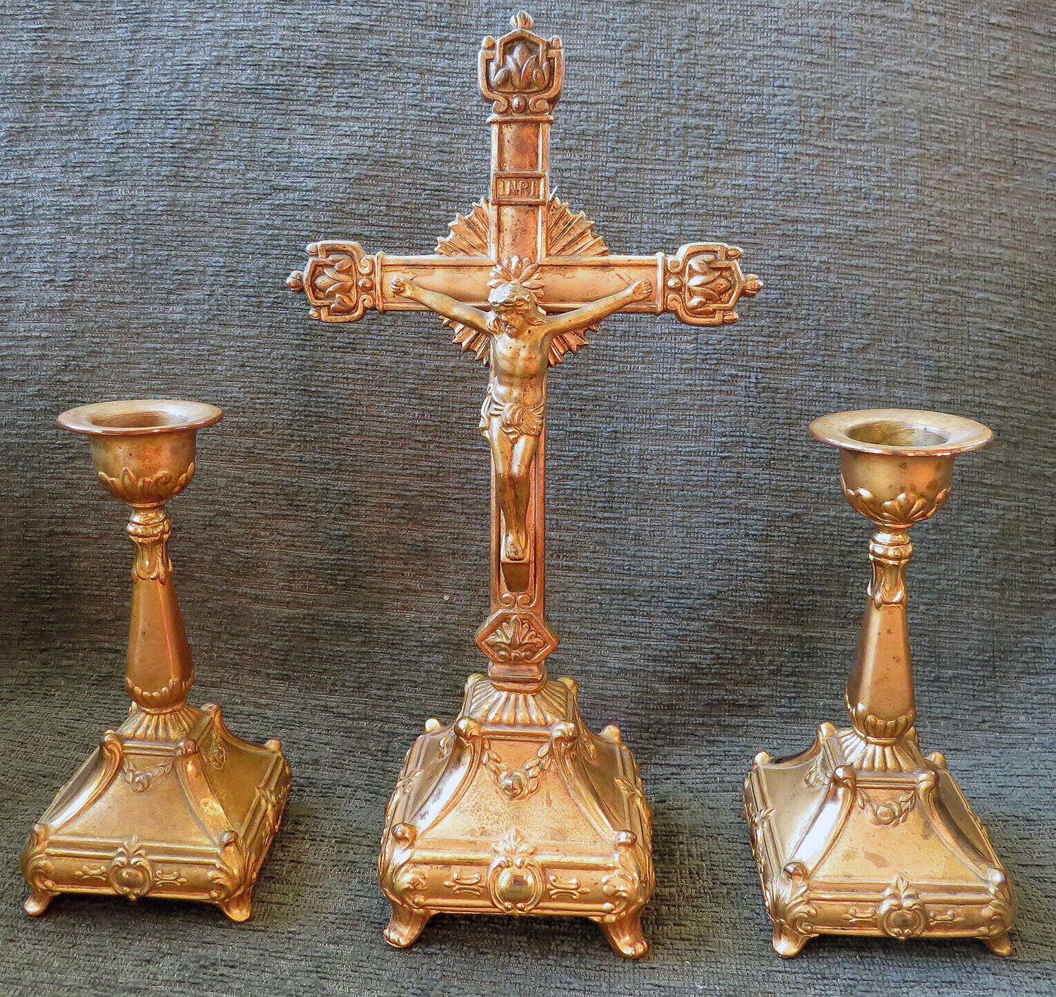  Vintage Rare Cast Metal Crucifix with matching Candle holders Gold Gilt 1921