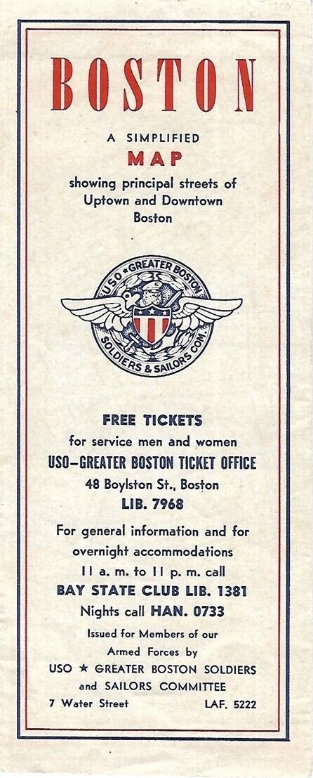1944 USO GREATER BOSTON SOLDIERS & SAILORS COMMITTEE Map Service Clubs Free Beds