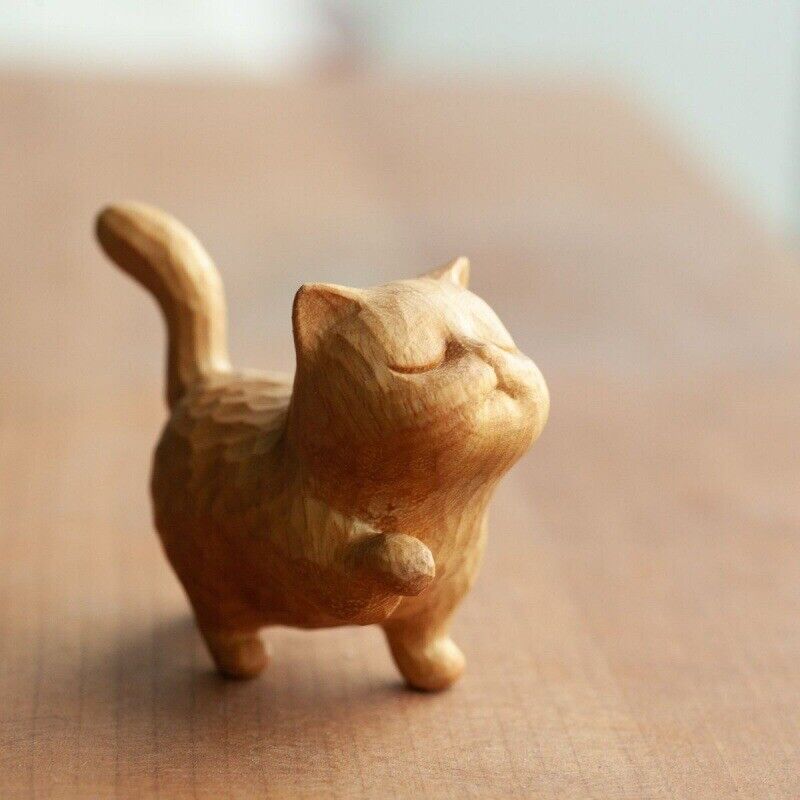 HOT A tsundere cat Wooden Statue animal Carving Wood Figure Decor Children Gift