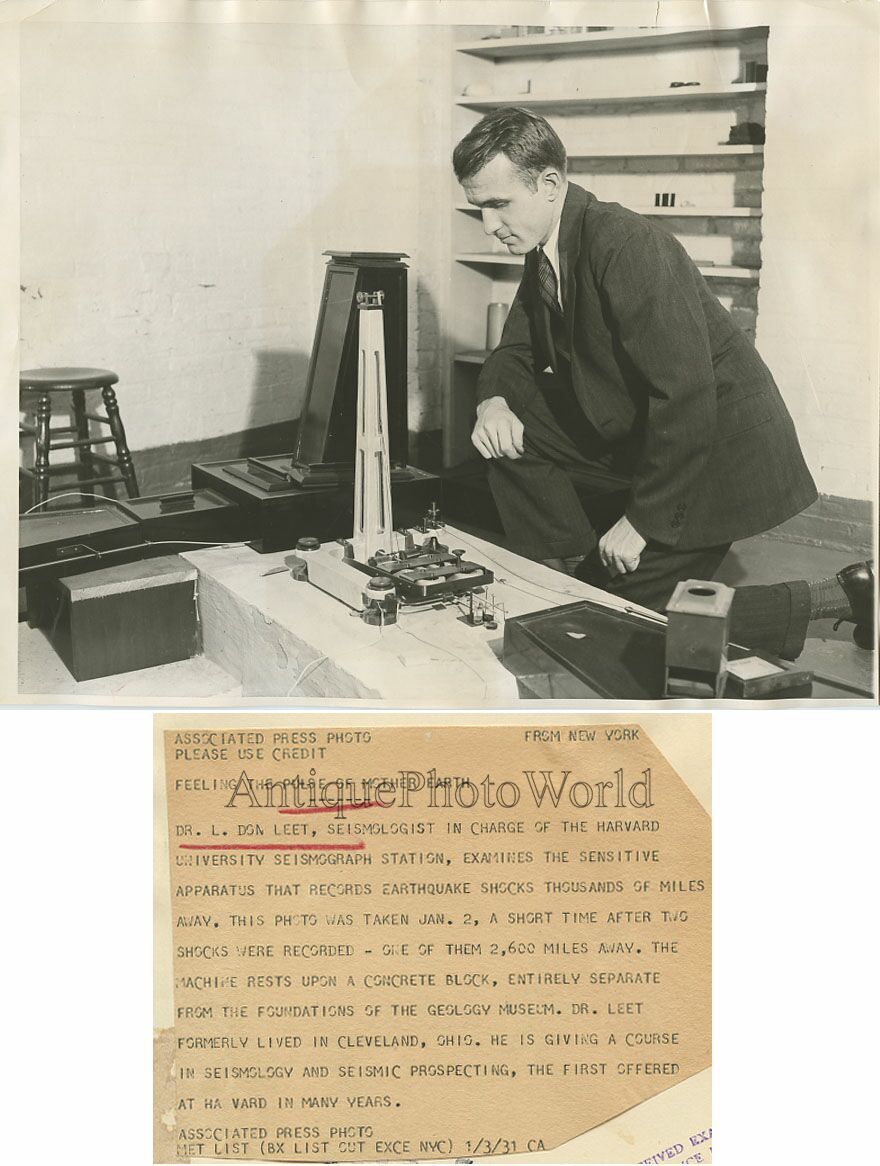 Seismologist L D Leet with seismograph antique photo
