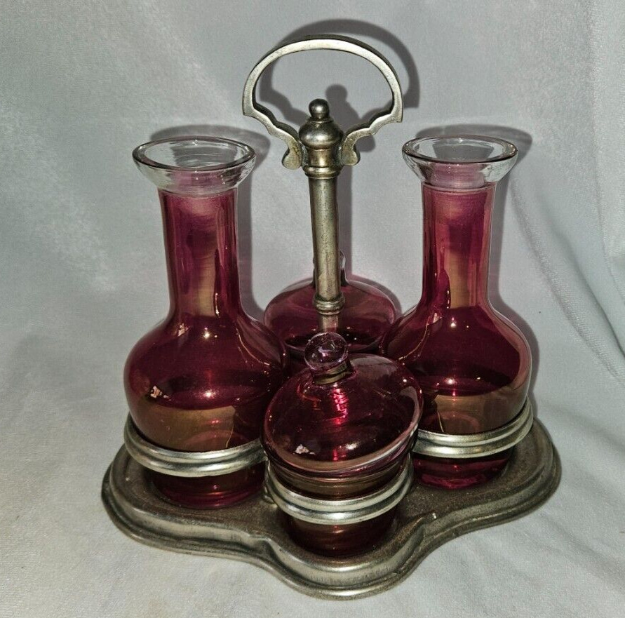 Antique Cranberry Flash-on Glass Cruet Set Castor condiment & Metal Stand