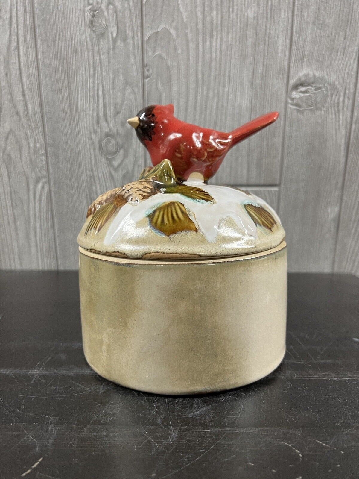 Vintage Cardinal Ceramic Winter Canister Snow Pine Cones Rustic