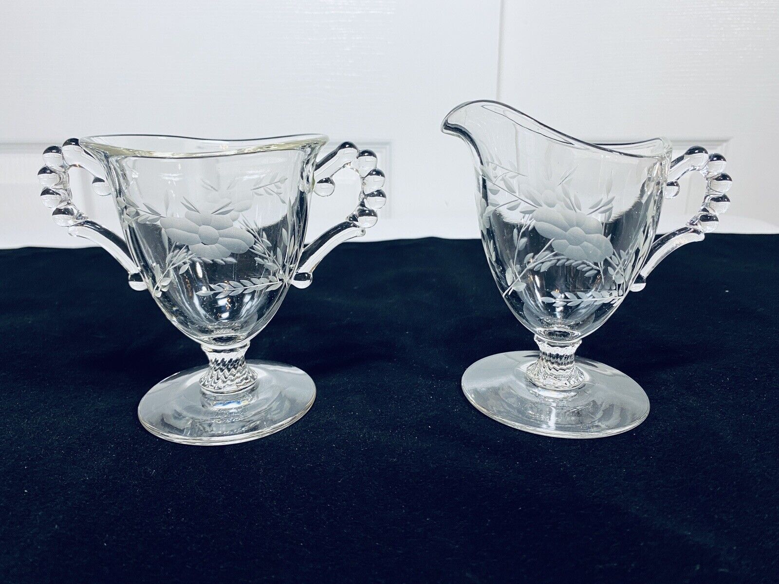 Imperial Glass Co. Floral Footed Sugar and Creamer Set Candlewick Beaded Handle