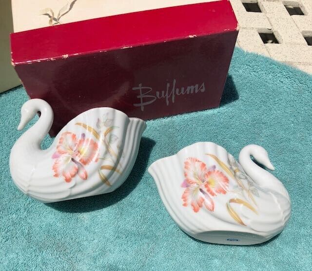 Vintage Swan Pair Porcelain Decorative Dish Trinket Planter Vanity Japan + Box