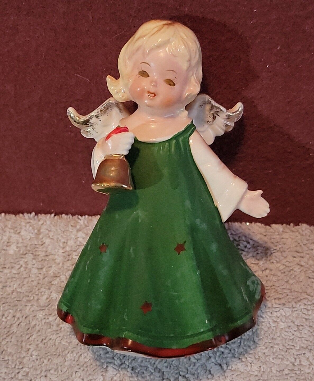 Vintage Lefton Angel Figurine Green Dress Bell KW4836 Blonde 1950s Japan