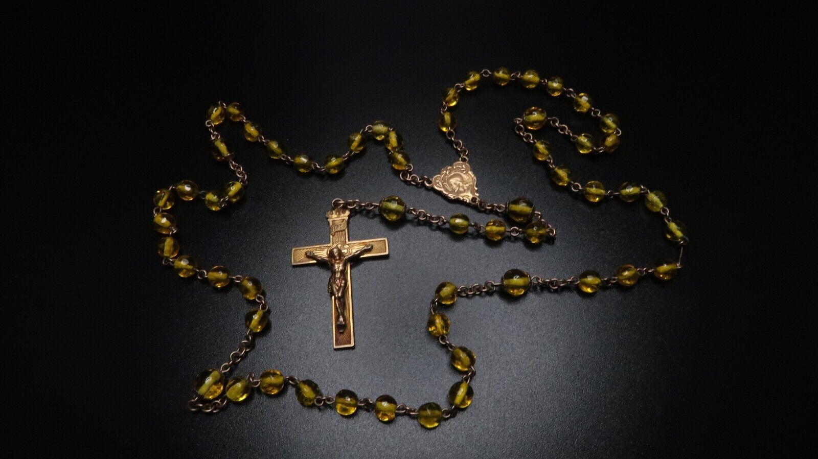 Antique Very Old Gold Yellow Glass Bead Gold Rosary Beautiful Condition