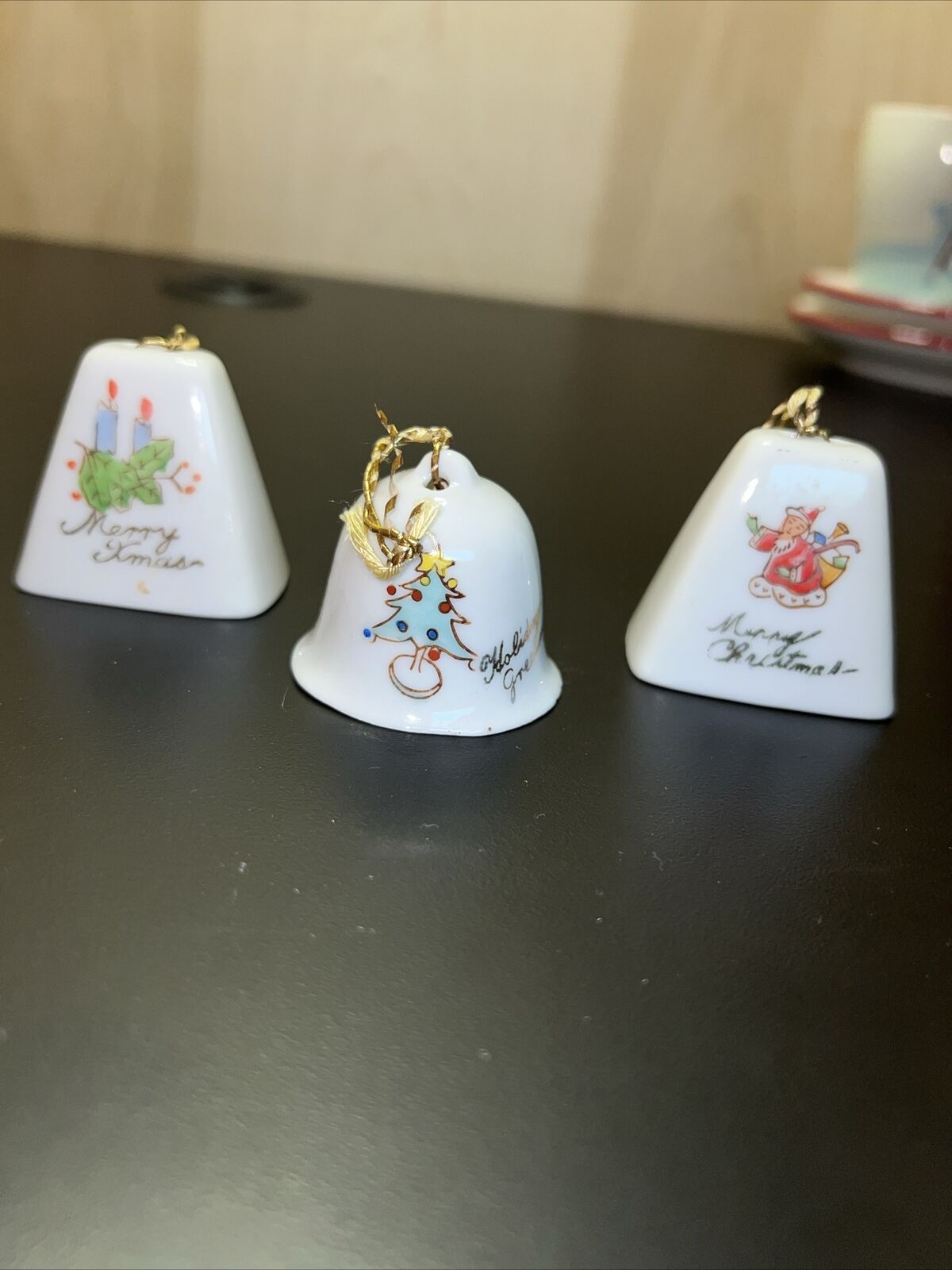 Vintage 1993 3 Miniature Porcelain Bell Christmas Ornaments 1 ½” x 1 ½” Japan