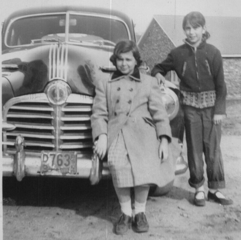 3R Photograph Girls Sisters Photo Portrait 1952 Cool Old Car Front Grill 1950\'s