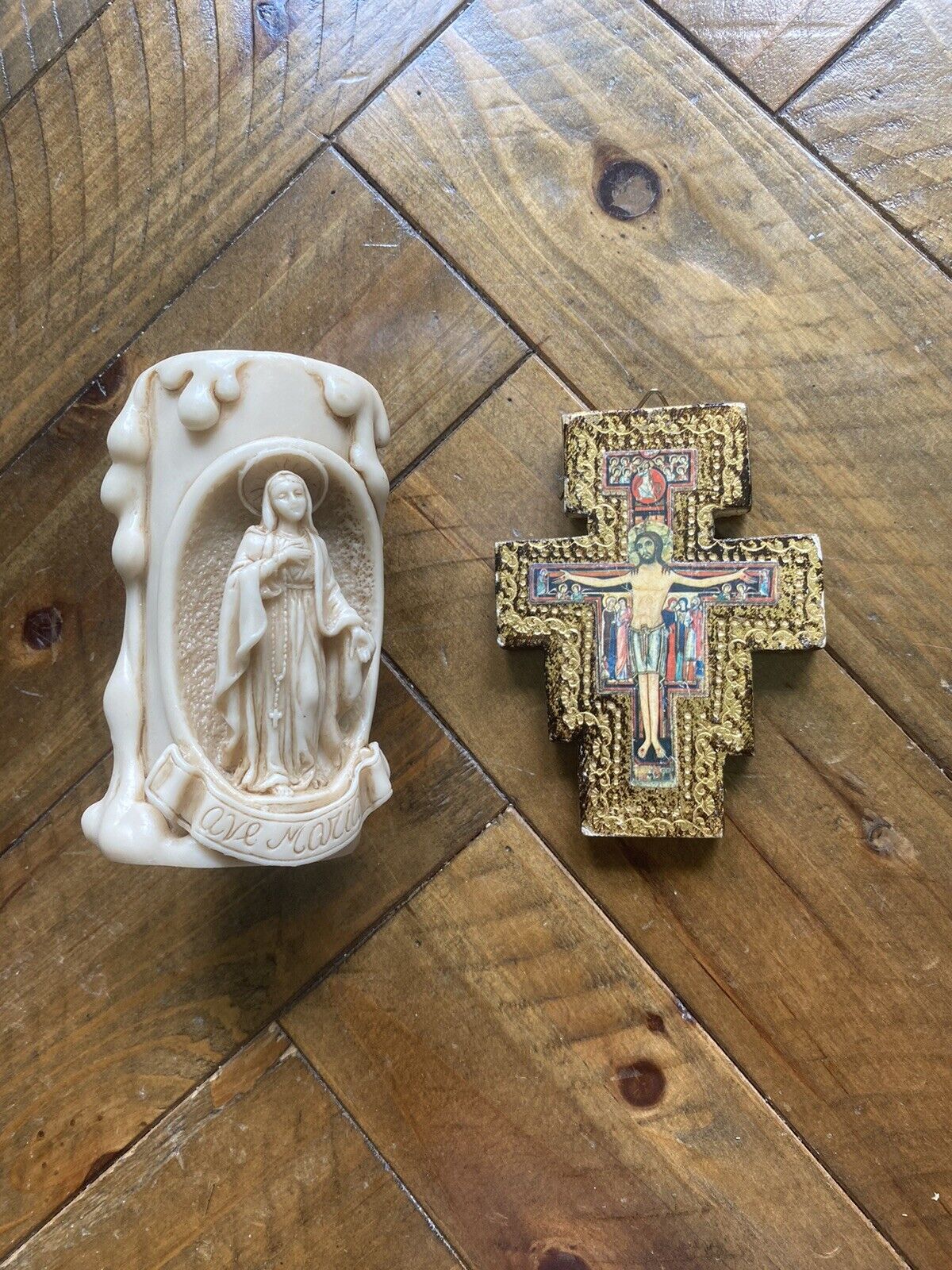 Vintage AVE MARIA Religious Tea light Holder And Cross Made In Italy Signed