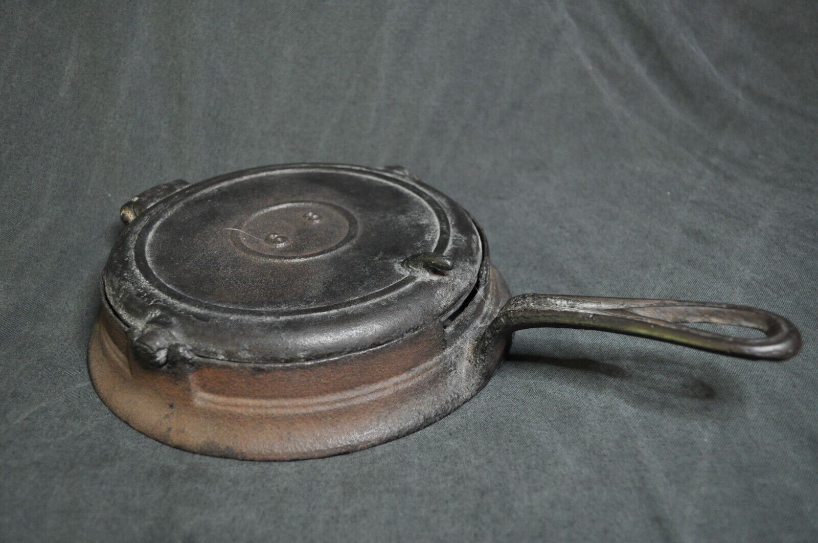 1889 Antique Cast Iron Waffle Maker Size 8-9 W/ Base, Diamond Pattern, Black
