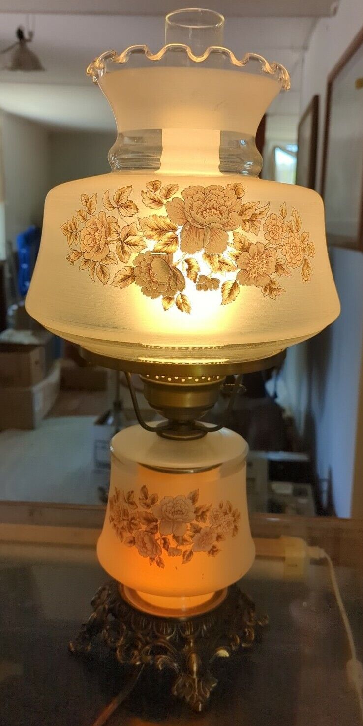 Large Gorgeous Vintage Original GWTW Glass Globe Hurricane Lamp Floral 22” T 