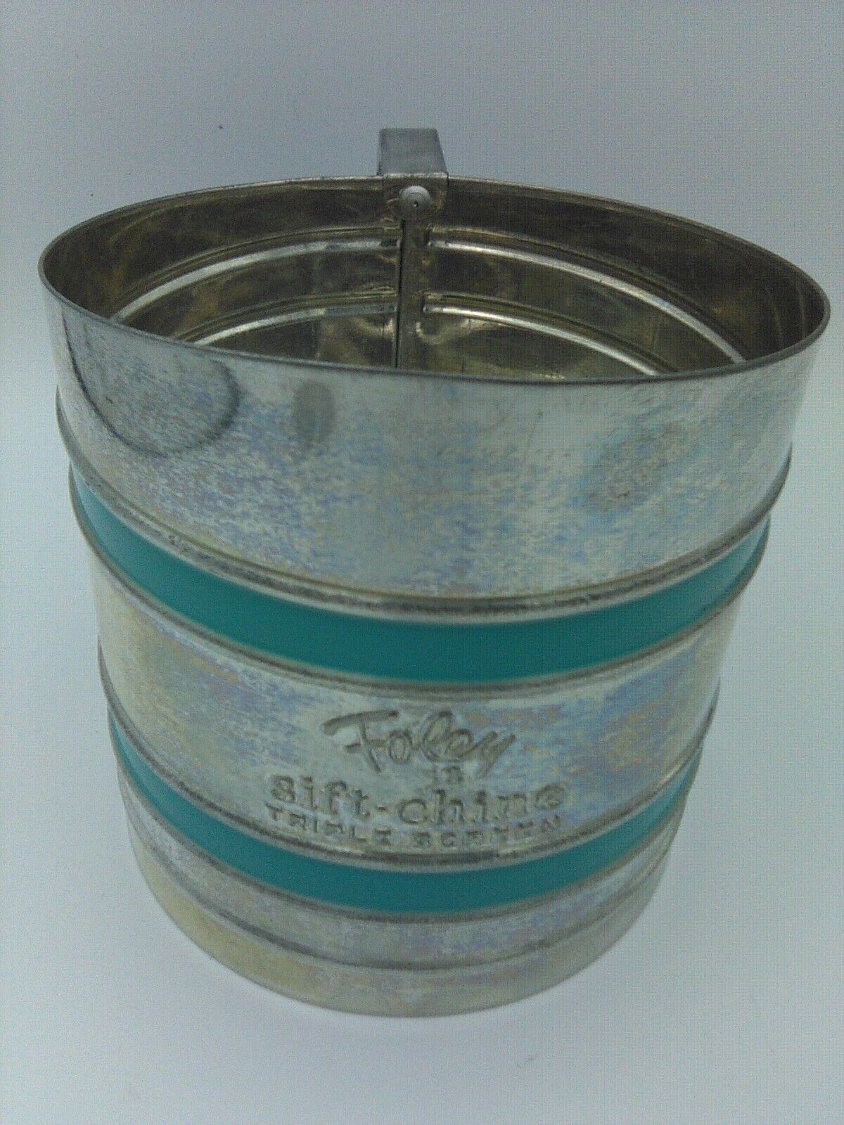Rare Foley Sift-Shine triple Screen Metal Flour Sifter w/ Blue Turquoise band. 