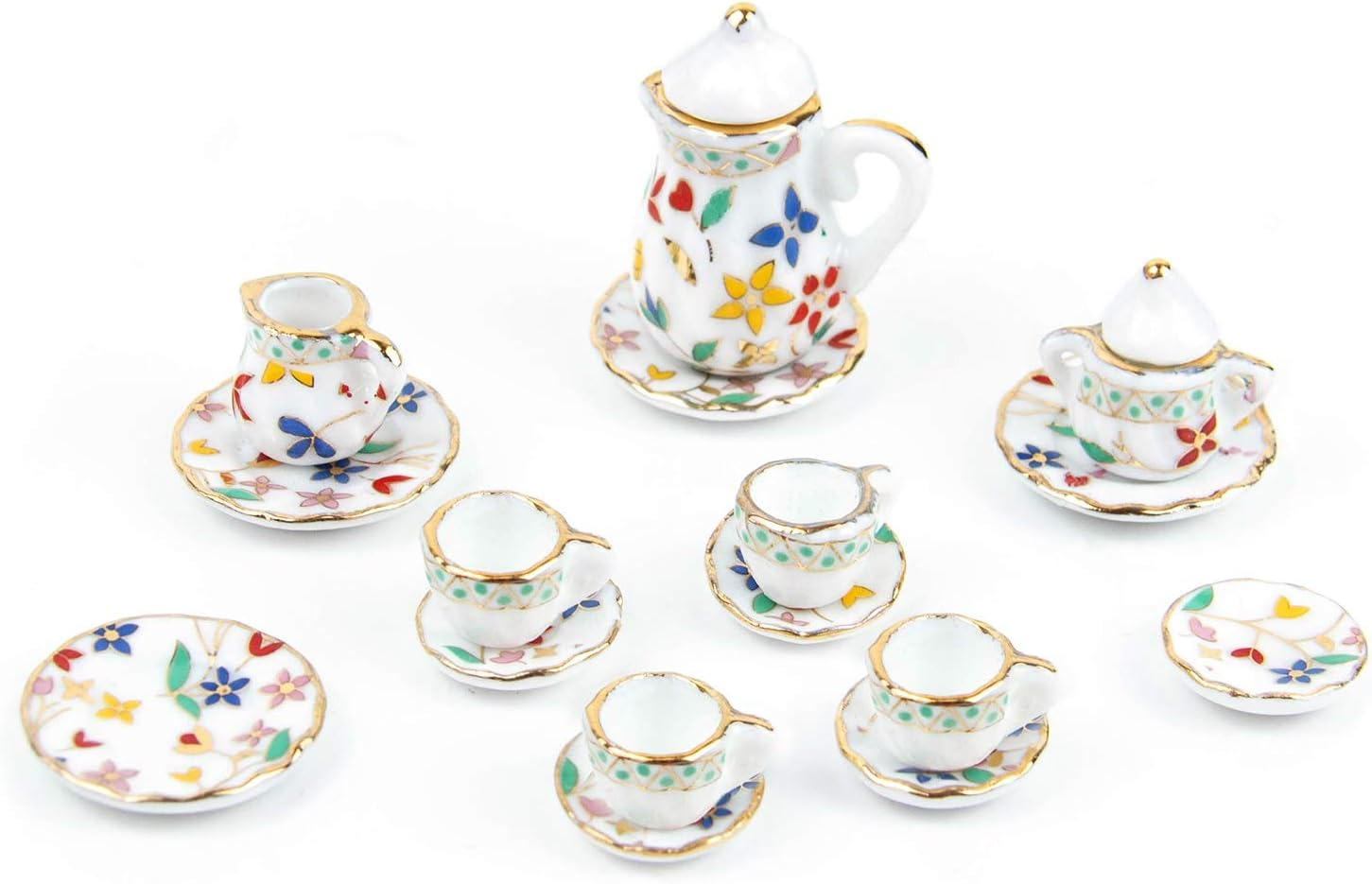 , 15 Pack Miniature Ware Porcelain Tea Set 1:12 Miniatur Dish Cup Plate Classic 