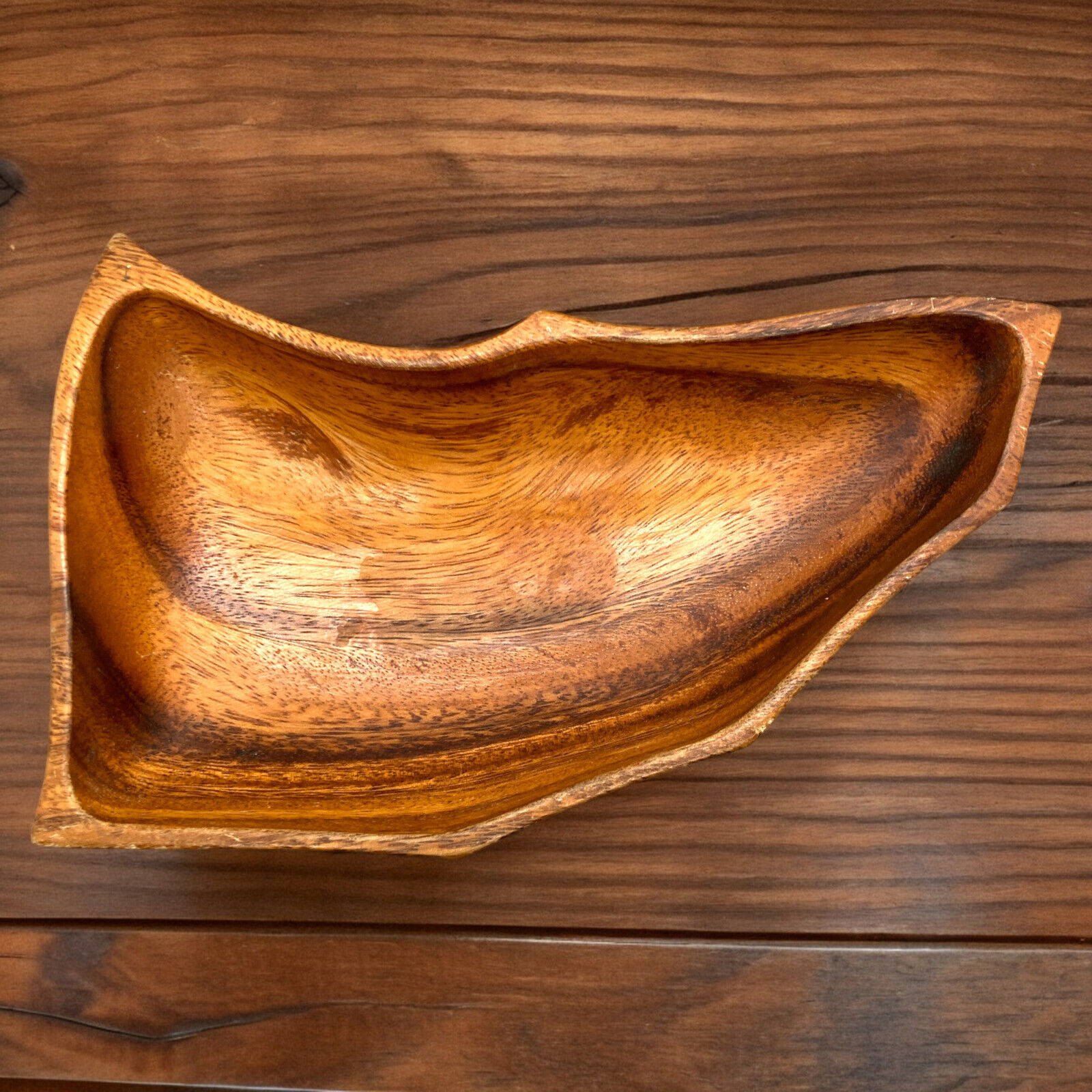Vintage Monkeypod Hand Carved Triangle Shaped Wooden Dish 1.75\