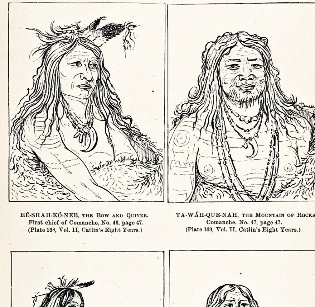 COMANCHE Indian Chiefs 1885 ORIGINAL Engraving Catlin Native American Portraits