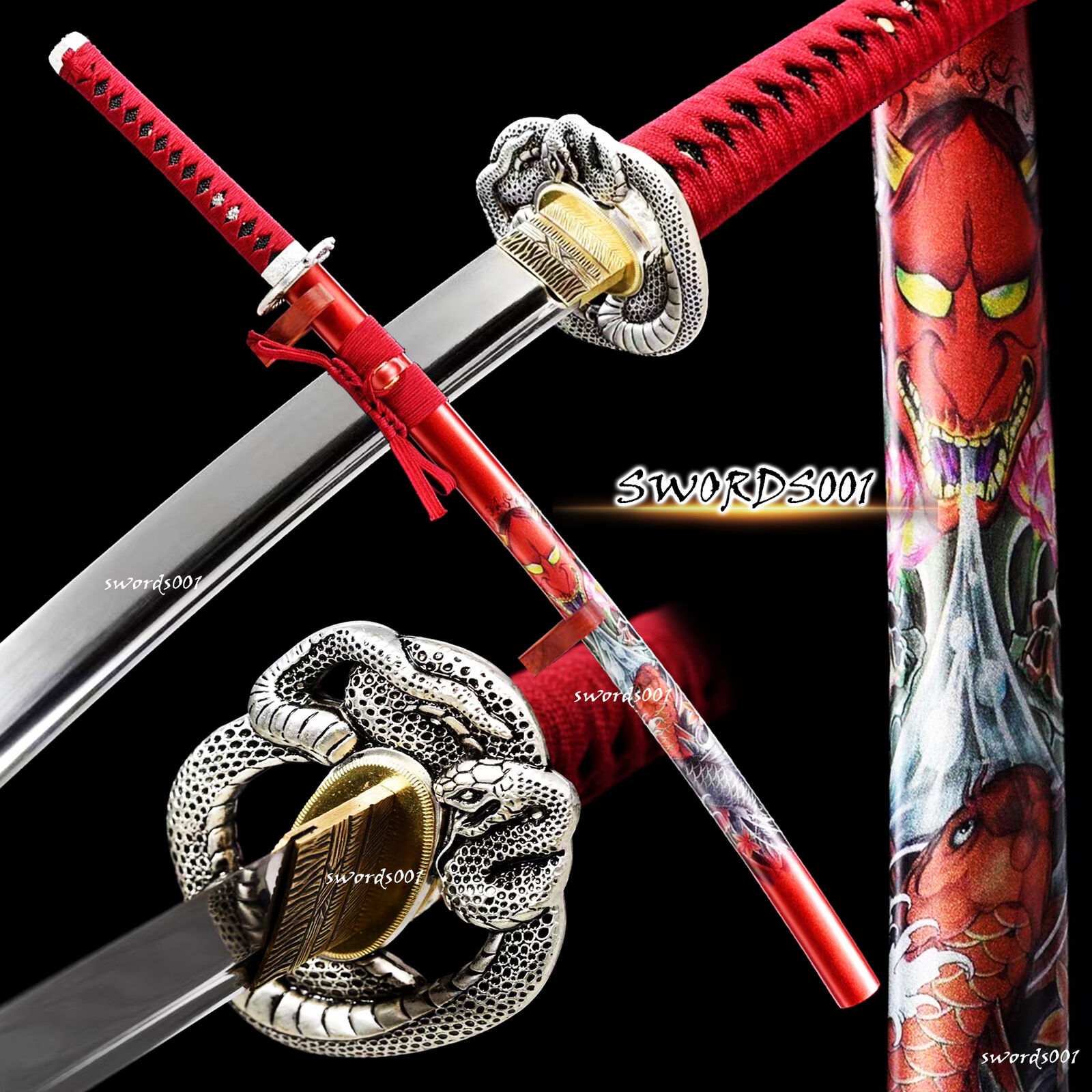 Gorgeous Red Warrior Sword Carbon Steel Japanese Samurai Katana Snake Tsuba