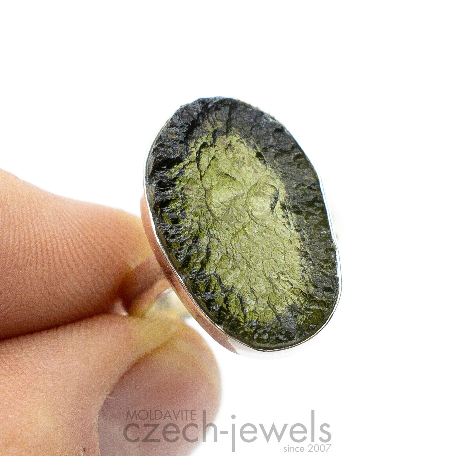 5.29g Moldavite genuine tektite ring US 7.5 silver .925 #VS46