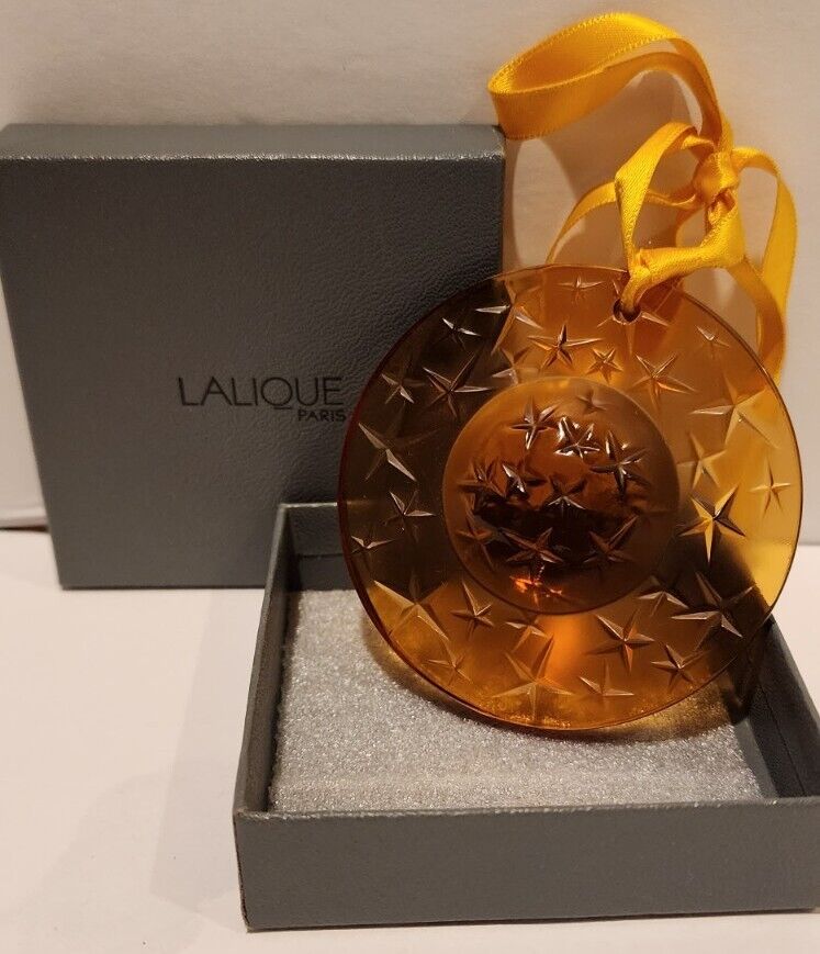 Lalique France 1995 Constellation Amber Christmas Glass Ornament  Yellow ribbon