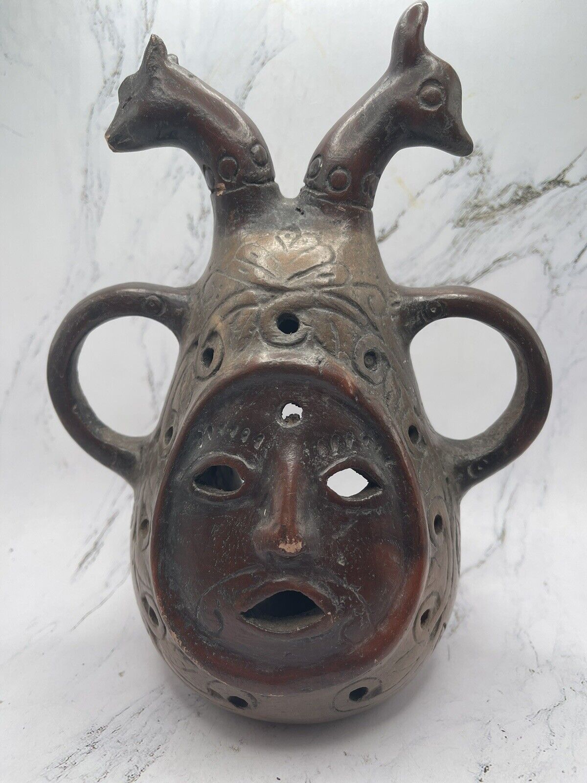 Heron Martinez Mendoza Folk Art Pottery Face w/2 Giraffe Heads Candelabra